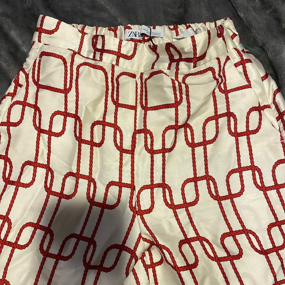 ZARA womens wide leg chain link pants navy red pull on XS - Picture 7 of 8